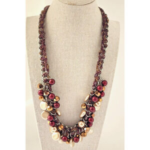 Necklace-Vintage St. John-Multi Strand-Beads-Woven-Dark Purple-Gold-22 in